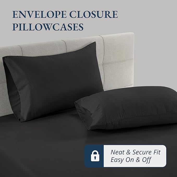 LANE LINEN Twin XL Fitted Sheet, 100% Organic Cotton 2-Piece Set (1 Fitted Sheet, 1 Pillowcase), Percale Weave, Lightweight, Soft, Breathable, Fits Mattress Upto 15" Deep - Black(No Flat Sheet)