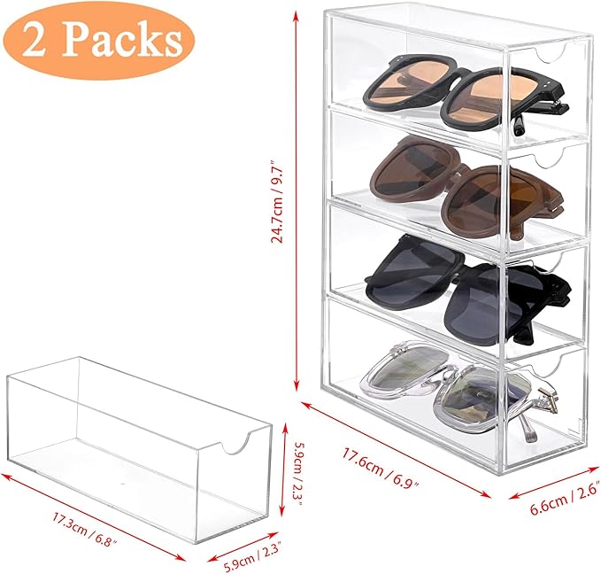 Hipiwe Acrylic Sunglasses Organizer, 2 Pack Glasses Case Multiple Pairs Eyeglass Storage Organizer Sunglass Display Case with 4 Drawer Acrylic Storage Drawers for Jewelry Watch