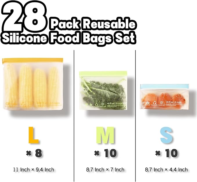 28 Pack Reusable Food Storage Bags,Leakproof Freezer Bags BPA Free Stand Up Sandwich Bags for Lunch Salad Fruit Travel,Dishwasher Safe(8 Gallon,10 Sandwich,10 Snack)