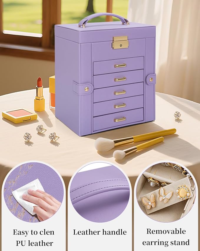 TORIBIO Large Jewelry Box for Women, Leather Jewelry Organizer with Mirror & Lock, 6-Tier Jewelry Storage Case for Girls/Women/Mothers, Necklace Earring Bracelets Holder Organizer