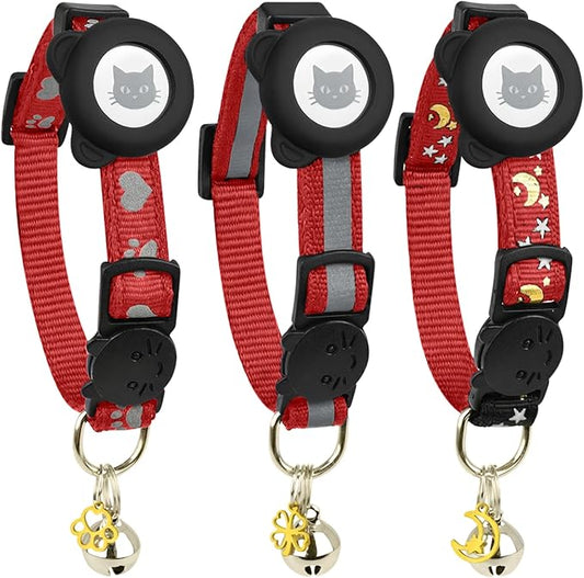 Cat Collar with AirTag Holders, 3-Pack, Reflective Breakaway Safety Collars, Bells and Matching Charms, Adjustable, Paw Hearts, Moon Stars Design, Lucky Charm, Red
