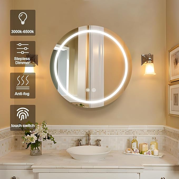 24inch Round Medicine Cabinet with Lights,Led Medicine Cabinet with Defogger,Illuminated Mirror Cabinet for Bathroom,Dimmable,Anti-Fog,3 Colors,Surface Mount Only,White