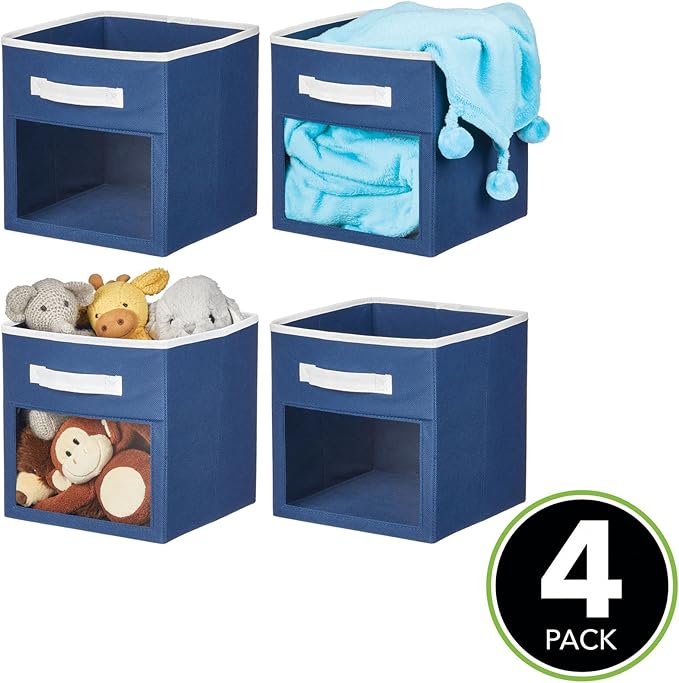 mDesign Fabric Nursery/Playroom Closet Storage Organizer Bin Box with Front Handle/Window for Cube Furniture Shelving Units, Hold Toys, Clothes, Diapers, Bibs, Jane Collection, 4 Pack, Navy Blue/White