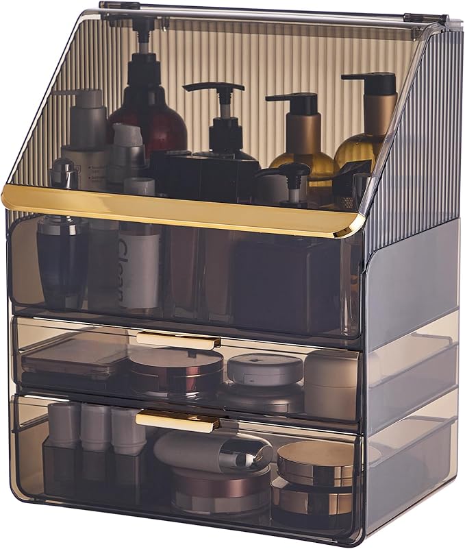 Large Cosmetic Organizer Fully Transparent with Drawers, Dustproof Waterproof Bathroom Counter Storage for Skincare Lipstick Makeup Brushes(Black)