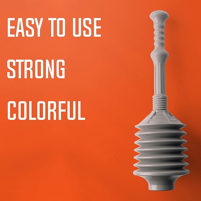 JS Jackson Supplies Professional Bellows Accordion Toilet Plunger, High Pressure Thrust Plunge Removes Heavy Duty Clogs from Clogged Bathroom Toilets, All Purpose Power Plungers for Bathrooms, Grey