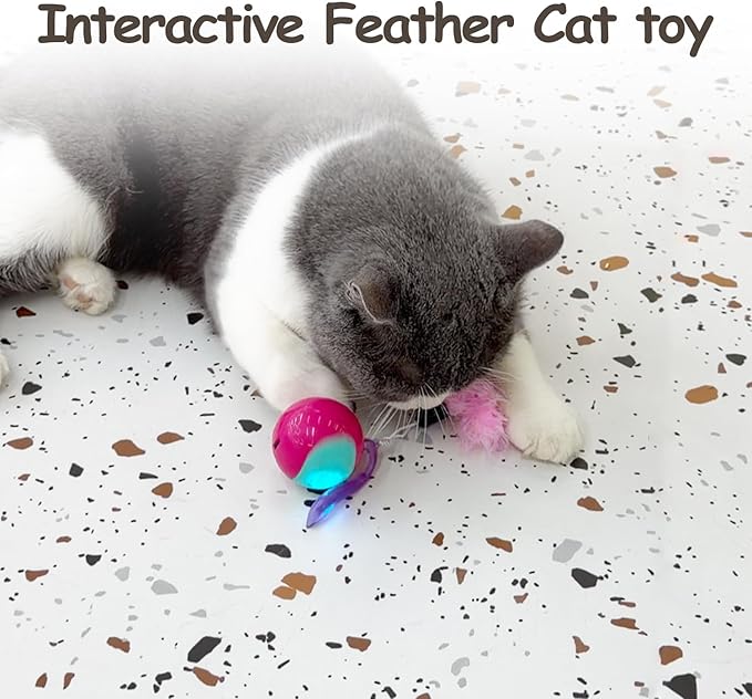 Migipaws Interactive Cat Ball Toy Set, Fun Tracker, Automatic Rolling Chase Ball with Fluffy Tail, A Small Mice, Rechargeable (Rose)