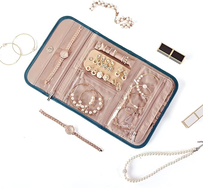 BELALIFE Travel Jewelry Case Organizer, Foldable Storage Roll for Earrings, Necklaces, Rings, Bracelets, Brooches, Lake-Blue