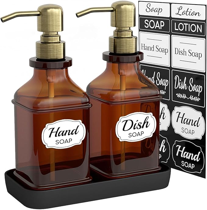 Soap Dispenser - 2 Pack, Antique Design Thick Amber Glass Hand Soap Dispensers with Sturdy Tray; 304 Rust Proof Stainless Steel Black Pump, 12Pcs Stickers, for Kitchen, Bathroom - Brushed Gold