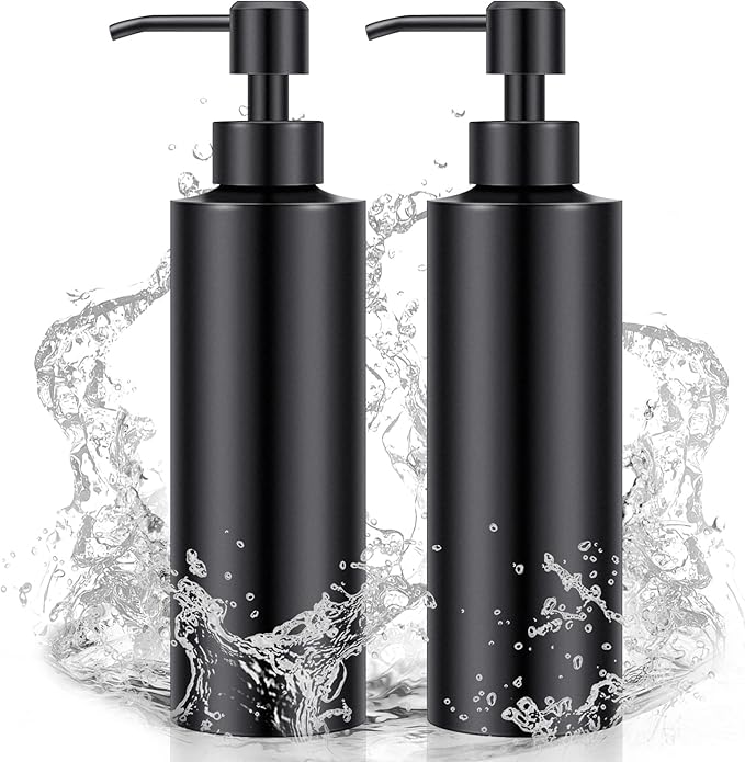 Cunhill 2 Pieces Black Hand Soap Dispenser Bathroom 12 oz Matte Black Hand Soap Dispensers with Stainless Steel Pump Refillable Modern Liquid Bottle for Kitchen Bathroom