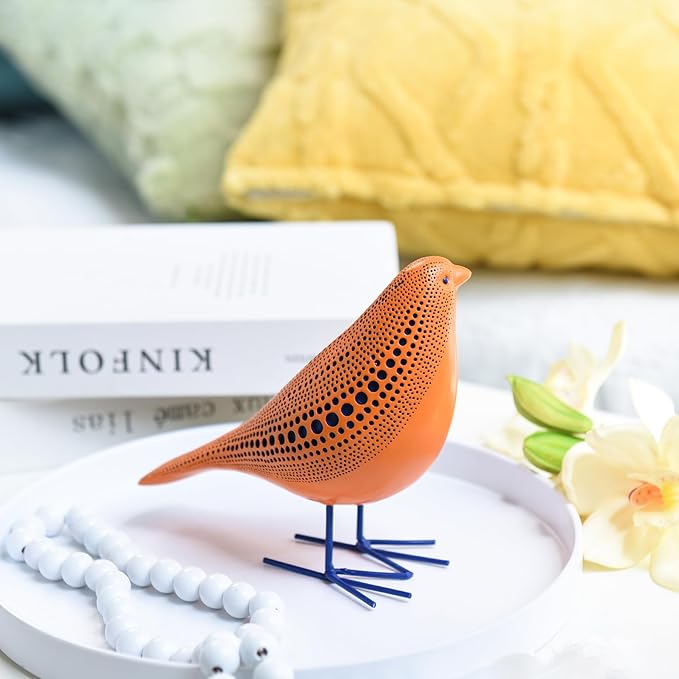 Quoowiit Bird Figurine, Modern Sculpture and Statues for Home Decor, Animal Statues for Bookshelf, Table, Entryway, Fireplace, Resin Decorative Sculpture with Chic Polka Dots Art Design (Orange)