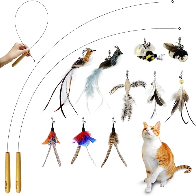 TTcat Interactive Bird & Insect Simulation Cat Toy Set 10 Pcs Feather Refills & 2 Pcs Cat Wand Toy, 29'' Flexible Steel Wire, Sturdy Wood Handle & Bell, for Indoor Kittens.