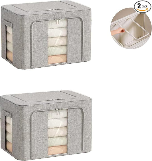Clothes Storage Bins, Cloth Bags for Storage, 2 Pack Foldable Metal Frame Clothing Storing Bins with Double Visable Window, Large Capacity Container Box with Reinforced Handles, (66 L Grey)