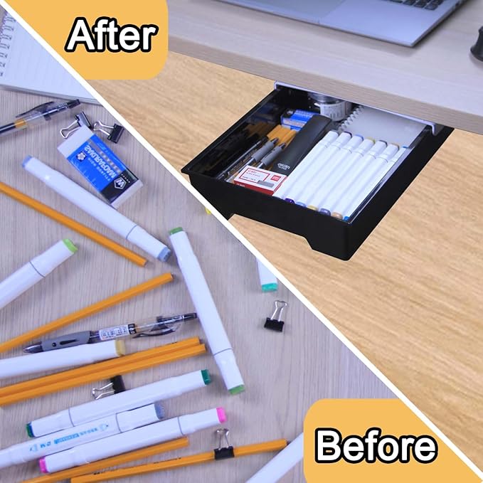 Under Desk Drawer Organizer, Attachable Slide Out Storage Drawers, Hidden Desktop Organizers, Self-Adhesive Table Storage Accessories for Home Office and School (Black)