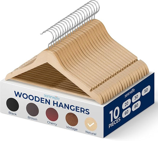 SereneLife 10-Pack Wooden Coat Hangers – Durable Suit Hangers with 360° Swivel Hook & Notches – Slim Design for Sweater, Shirts, Jackets, Dresses, and More