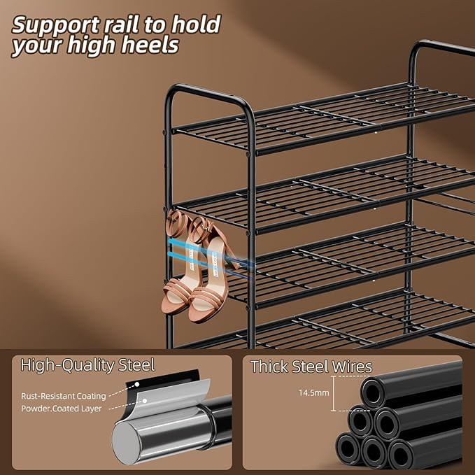 SUFAUY 33" Wide Shoe Rack, 4-Tier Shoe Storage Rack for 20-25 Pairs of Shoes, Shoe Organizer for Entryway, Stackable, Heavy Duty, Steel Frame, Industrial, Black