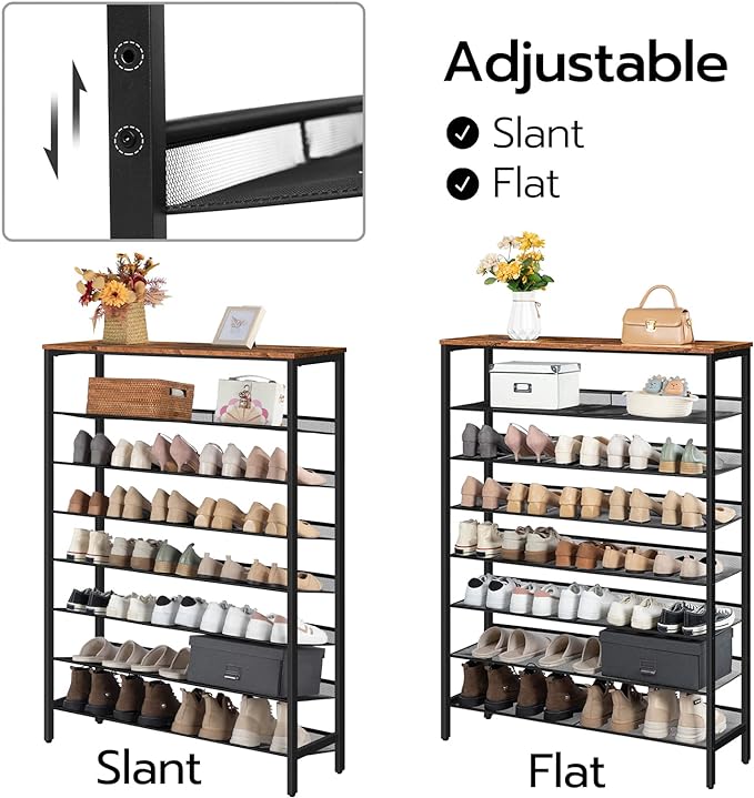 HOOBRO 8 Tier Shoe Rack, 39.4"L Shoe Shelf, Large Capacity Shoe Storage Organizer for 30+ Pairs of Shoes, Front Door Entrance, Entryway, Hallway, Closet, Space Saver, Rustic Brown and Black BF118XJ01