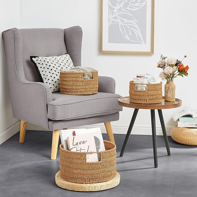 Vagusicc Wicker Storage Basket, Hand-Woven Paper Rope Large Round Woven Basket With Handles, Wicker Baskets for Organizing/Storage, Natural, 3-Pack