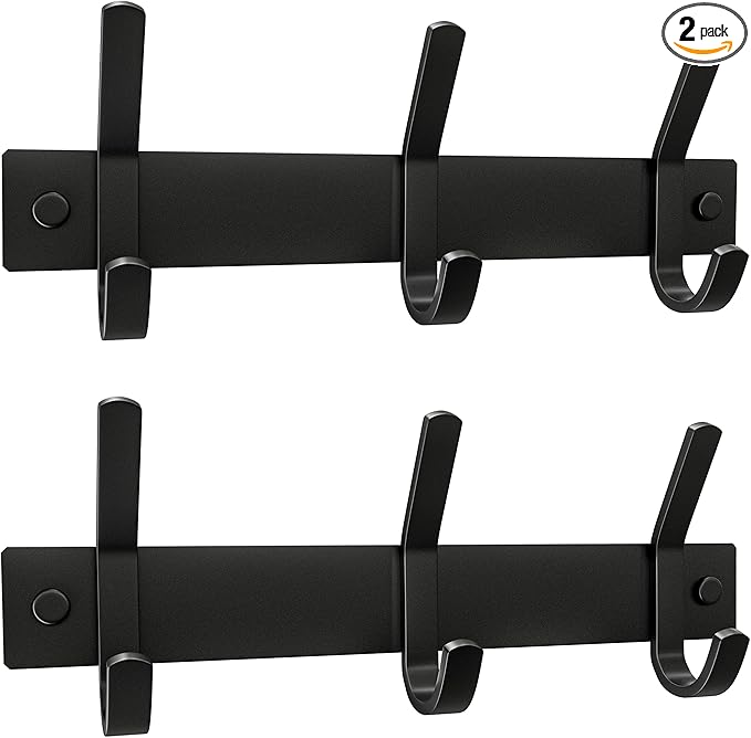 Matte Black Small Coat Rack Wall Mount – 9 Inch Stainless Steel Hook Rail with 3 Double Coat Hooks – Wall Mounted Entryway Organizer for Coats, Hats, Bags, Towels, Robes, Closet or Bathroom - 2 Pack