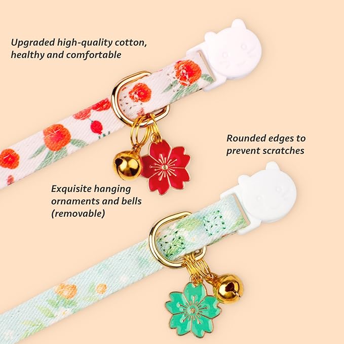 2 Pack Cotton Breakaway Cat Collar Green and Red Flowers Pendant Cute Kitten Cat Collar with Bell