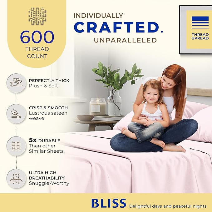 THREAD SPREAD Luxury Egyptian Cotton Sheets Twin XL Size - 600 Thread Count 3 PC Twin XL Sheets Deep Pockets, Soft, Cooling Extra Long Staple Sateen Weave College Dorm Bedding Twin XL - Blush