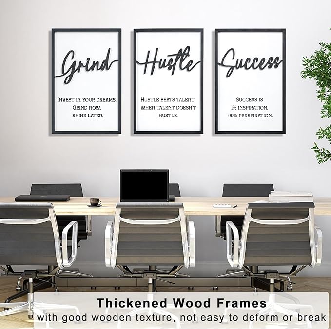 3D Wood Inspirational Office Wall Decor, 48" x 24" Framed Grind Hustle Success Motivational Wall Art, Positive Quotes Wall Art for Home Office Bedroom (Ready to Hang, Set of 3, Framed)