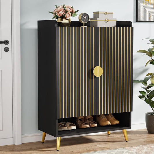 Tribesigns Shoe Cabinet with Doors, 7-Tier Shoe Storage Cabinet with Adjustable Shelves, Wooden Shoes Rack Shoe Storage Organizer for Entryway, Hallway, Closet, Living Room, Black