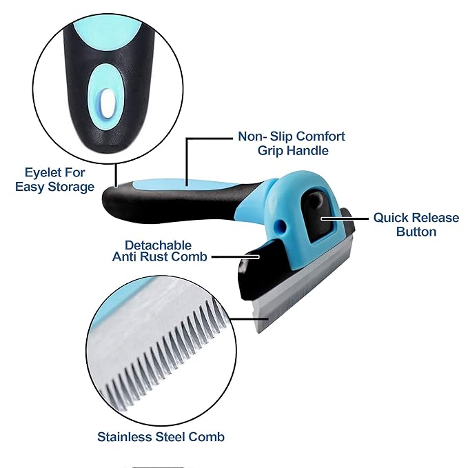 Dog Grooming Brush, Professional Grooming Tool for Dogs, Deshedding Brush, Removes Tangles, Knots, Dead or Loose Hair, Removable Stainless Steel Comb, with Comfort Grip Handle