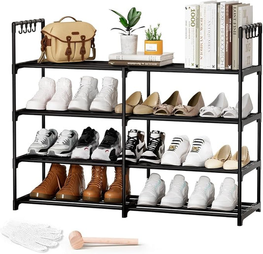 2 Rows 4 Tier Shoe Rack, Black Metal Stackable Shoe Shelf with Multifunctional Hooks, Hold 16-20 Pairs, Space Saving Shoe Organizer for Closet, Bedroom