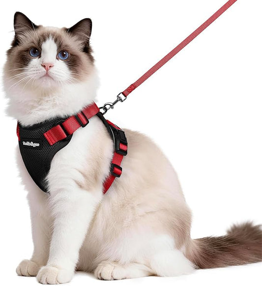 rabbitgoo Cat Harness and Leash for Walking, Escape Proof Soft Adjustable Vest Harnesses for Cats, Easy Control Breathable Reflective Strips Jacket, Black & Red, M