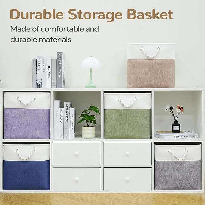 12 x 12 Inch Cube Storage Bins, 4 Pack Fabric Storage Basket with Handles, Foldable Boxes Organizer for Shelf Baskets for Home, Clothes, Toys (White/Grey)