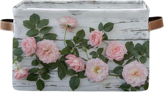 Large Storage Basket Pink Rose Storage Bin Cube Canvas Fabric Organizer Handles Collapsible for Clothes Toys Bedroom Decorative