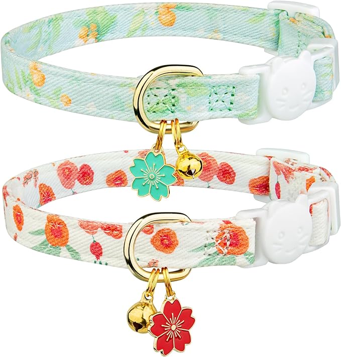 2 Pack Cotton Breakaway Cat Collar Green and Red Flowers Pendant Cute Kitten Cat Collar with Bell