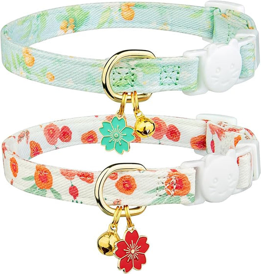 2 Pack Cotton Breakaway Cat Collar Green and Red Flowers Pendant Cute Kitten Cat Collar with Bell