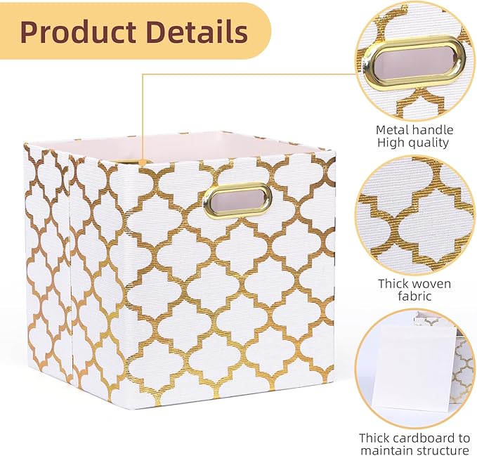 11x11x11 Cube Storage Bins, Collapsible Storage Bins Fabric Storage Cubes Organizer Baskets Box Drawers for Shelves, Closet, Wardrobe, Bookshelf, Cabinet, 3 Pack, White & Gold
