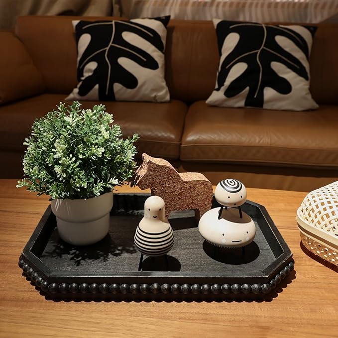 Wood Rustic Serving Tray with Beads, Farmhouse Vintage Black Decorative Tray for Table Centerpiece, Christmas Wedding Halloween Home Decor