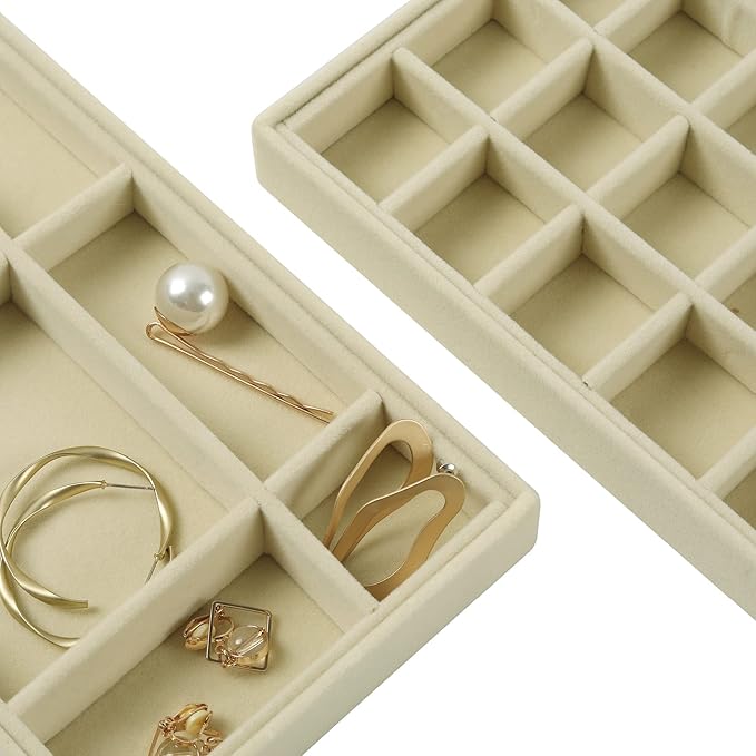 DIOMMELL Set of 8 Stackable Velvet Jewelry Trays Organizer, Jewelry Storage Box Display Trays Showcase Holder Closet Dresser Drawer Organizer for Earring Necklace Bracelet Ring Accessary, Beige