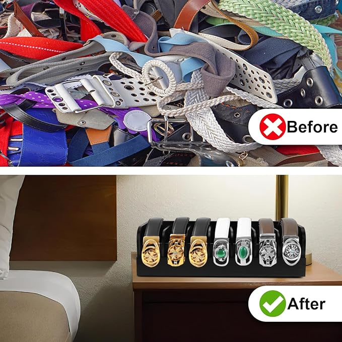 GTI Belt Organizer,2pcs 7 Compartments Belt Organizer for Closet and Drawer, Bamboo Display Case for Tie and Belt, Belt Storage Organizer for Men Women (Black)