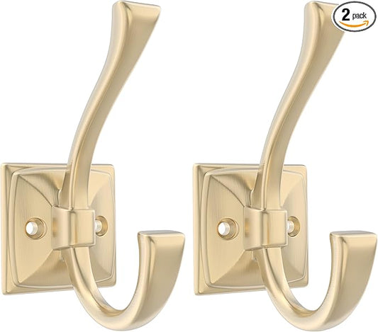 2 Pack Brushed Gold Wall Hooks for Hat, Coat, Towel, Key, Bag, Mudroom Hooks Entrance Bathroom Door Decorative Heavy Duty Coat Hanger
