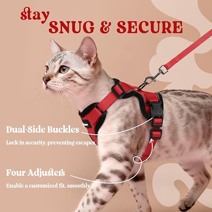 rabbitgoo Cat Harness and Leash for Walking, Escape Proof Soft Adjustable Vest Harnesses for Cats, Easy Control Breathable Reflective Strips Jacket, Red, S