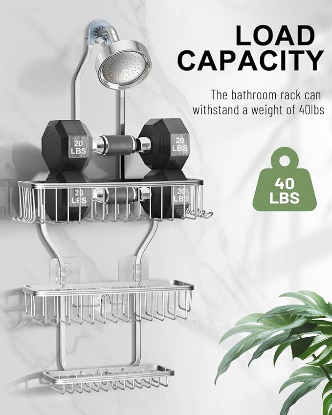 Shower Caddy Hanging - Never Rust Shower Hanging Organizer - Aluminum Over the ShowerHead Caddy with 6 Hooks for Razor/Sponge (Silver)