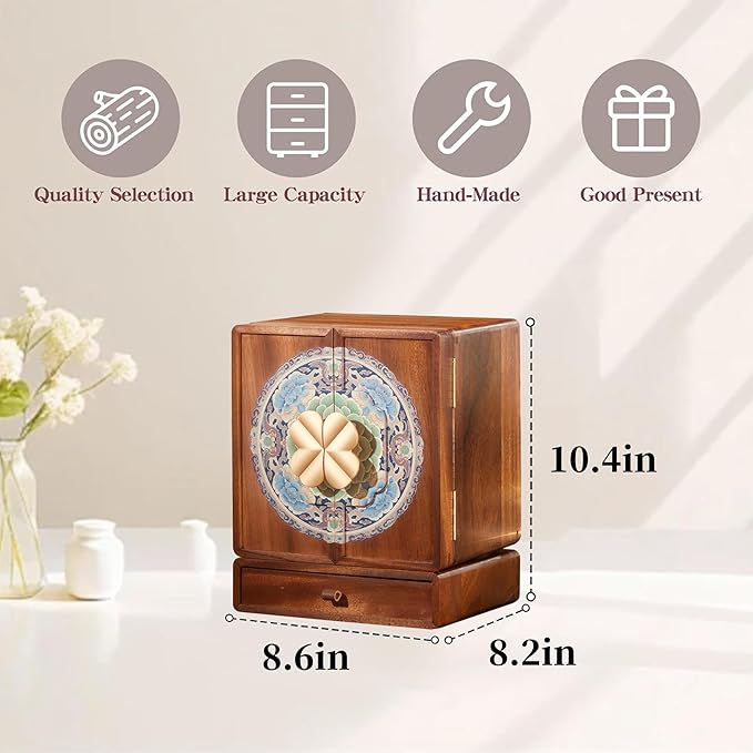 Wooden Jewelry Box for Women Jewelry Box With Drawers Walnut Wood (Walnut Wood with printing B)
