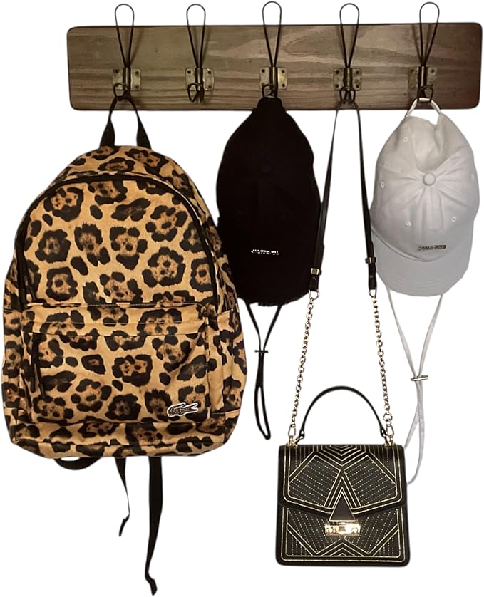 Wooden Coat Rack Wall Mount, 24" Pine with 5 Heavy Duty Antique Gold Hooks, Distressed Espresso Rustic Farmhouse for Entryway, Hallway, Bathroom, or Bedroom