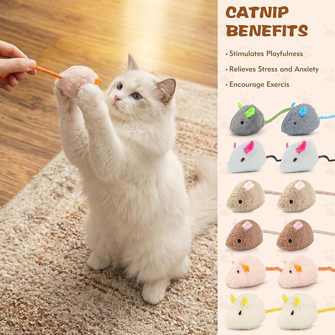 WRW 12PCS 2.36 Inch Cat Mouse Toys, Prefilled Catnip Plush Cat Mice Toys, Realistic Design Interactive Catnip Toys for Indoor Cats Play Fetch（7 Colors）