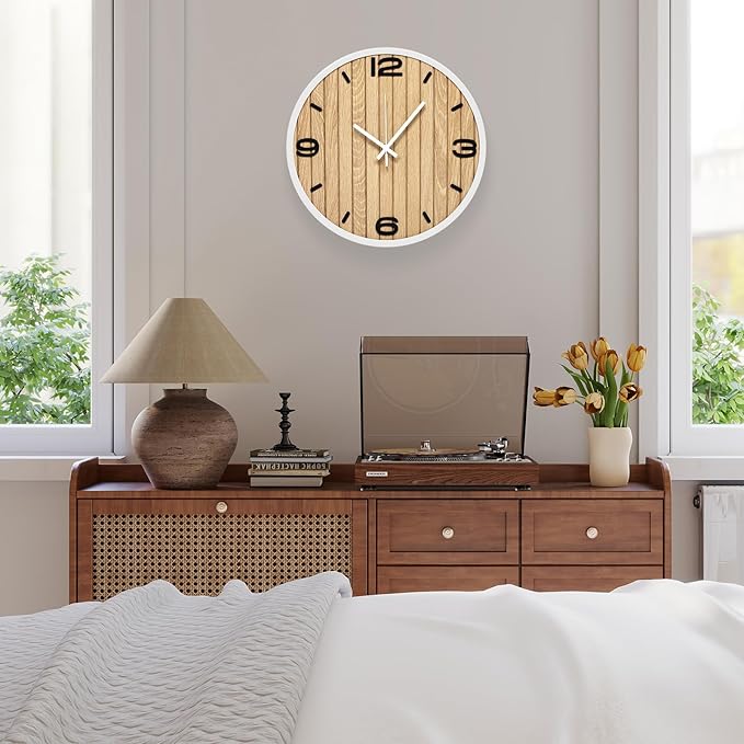 12 Inch Round Wall Clock Wooden - Battery Operated Silent Decorative Analog Clocks for Apartment, Bedroom, Kitchen, Entryway, Classroom - Fits Farmhouse/Modern Home Styles