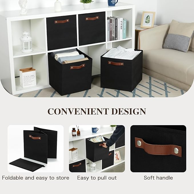 Temary Cube Storage Bins 4Pack Foldable Storage Baskets for Clothes Shelf Basket with Handles, Fabric Storage Boxes Organizer Bins for Home (Black, 13x15x13 Inch)