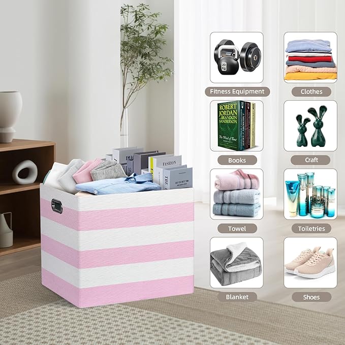 13x15x13 Storage Cube Bins, Foldable Storage Cubes, Fabric Organizer Basket Bin, Striped Containers Decorative Storage Boxes for Shelves Wardrobe Closet Home Office, 4 Pack, Pink/White