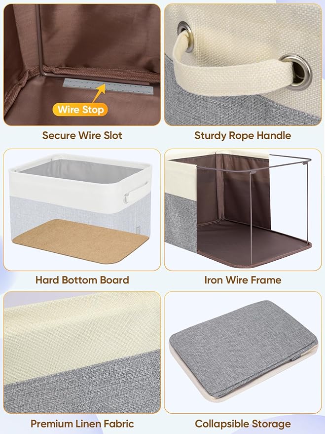 BALEINE 4 Pack Fabric Storage Bins for Shelves, Linen Storage Baskets for Organizing, Decorative Closet Bins for Clothes, Home (Grey, 14''x10''x8.5'')