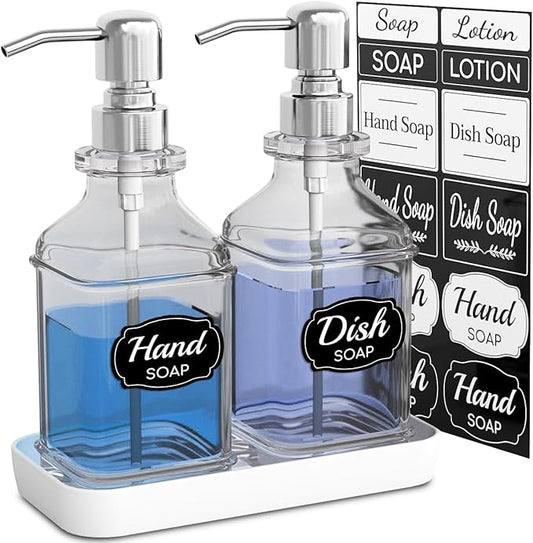 Soap Dispenser - 2 Pack, Antique Design Thick Glass Hand Soap Dispensers with Sturdy Tray; 304 Rust Proof Stainless Steel Silver Pump, 12Pcs Stickers, for Kitchen, Bathroom
