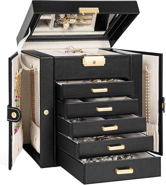 TORIBIO Large Jewelry Box for Women, Leather Jewelry Organizer with Mirror & Lock, 6-Tier Jewelry Storage Case for Girls/Women/Mothers, Necklace Earring Bracelets Holder Organizer