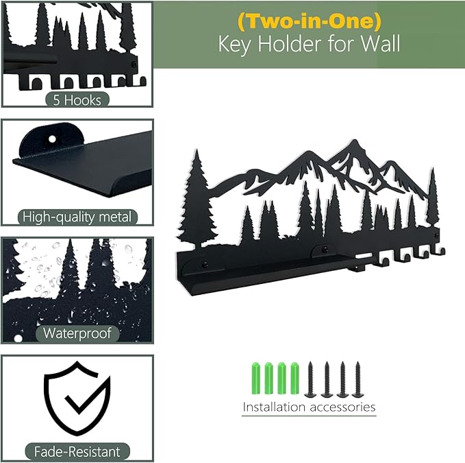 Key Holder for Wall | Metal Key Holder Hooks Organizer Rack | Metal Key Organizer Wall Decorative with 5 Hooks for Entryway, Front Door, Hallway, Kitchen, Office (12 Inches, 2 in 1)